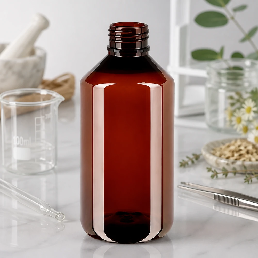 Butelka PET 750 ml z białym standardem OV Brązowa butelka PET o pojemności 750 ml z gwintem do zakręcania, przeznaczona do białego zamknięcia zabezpieczającego