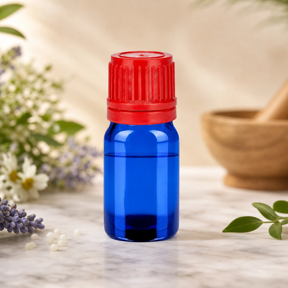 Butelka 5 ml 11 mm SV czerwona OV BlueLine UT18/5 Butelka z zakraplaczem 5 ml niebieska z czerwoną zakrętką zabezpieczającą przed dziećmi do bezpiecznego przechowywania BlueLine UT18/5