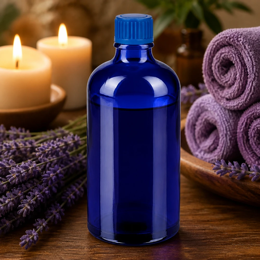 Butelka 100 ml 11 mm SV niebieski STD BlueLine UT18/100 Kompaktowa butelka STD BlueLine o pojemności 100 ml z niebieskiego szkła do zastosowań w aromaterapii