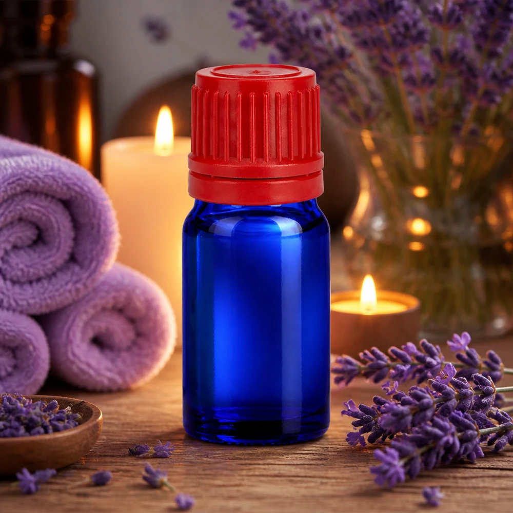 Butelka 5 ml 11 mm SV czerwona OV BlueLine UT18/5 Mała szklana butelka 5 ml w kolorze niebieskim z czerwonym wieczkiem do aromaterapii BlueLine UT18/5