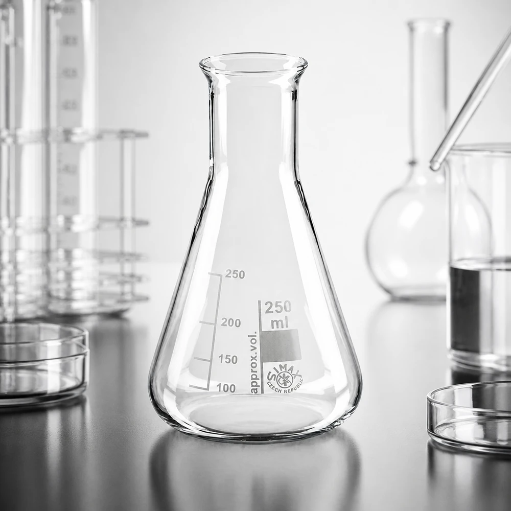 Kolba stożkowa Erlenmeyera 250 ml z wąską szyjką i podziałką do precyzyjnych pomiarów w laboratorium