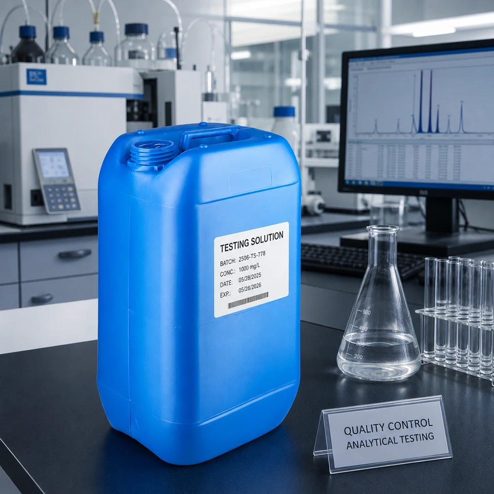 15-litrowy kanister w kolorze niebieskim bez zamknięcia w laboratorium kontroli jakości, przeznaczony do roztworów do badań analitycznych