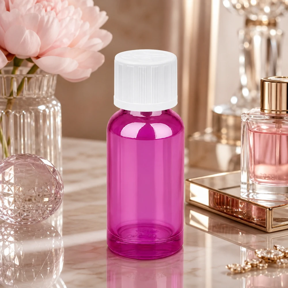 Butelka z zakraplaczem 20 ml 1,2 mm biała, standardowo zabezpieczona przed dziećmi PurpleLine.UT18/20 Butelka z zakraplaczem o pojemności 20 ml z zabezpieczeniem przed dziećmi w przezroczystym fioletowym kolorze do bezpiecznego przechowywania