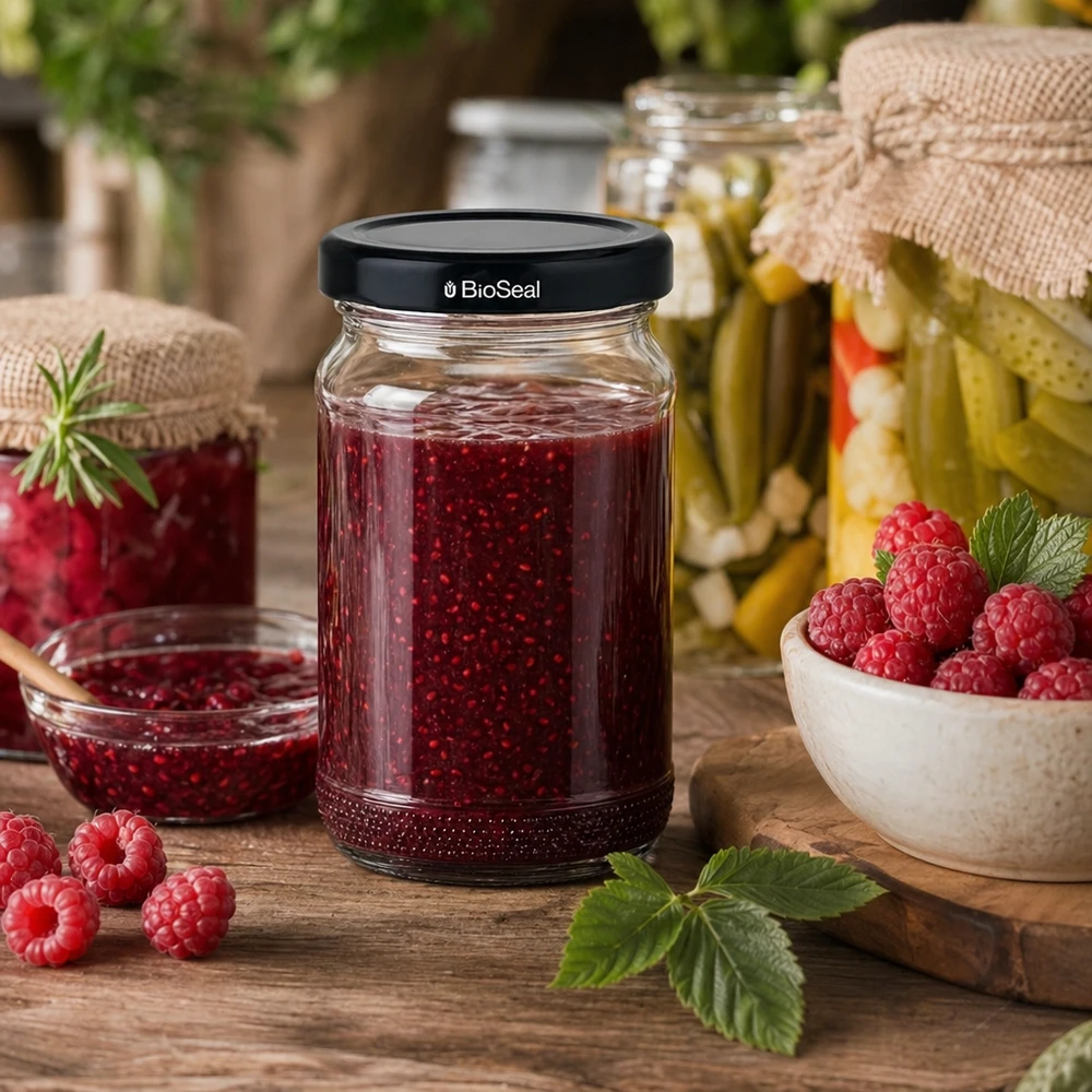 UNiTWIST Runda110 z czarną obudową. Pokrywa TO48 BioSeal UNiTWIST Runda110 z galaretką malinową i czarną pokrywką TO48 BioSeal na rustykalnym drewnianym stole ze świeżymi malinami