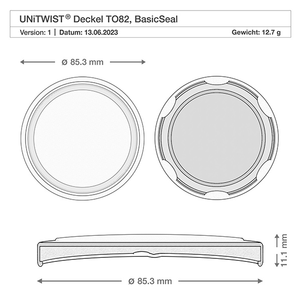 Słoik 230 ml + pokrywka BasicSeal plastra miodu UN.. Rysunek techniczny białej pokrywki BioSeal T082 o wymiarach 85,3 mm średnicy i 11,1 mm wysokości