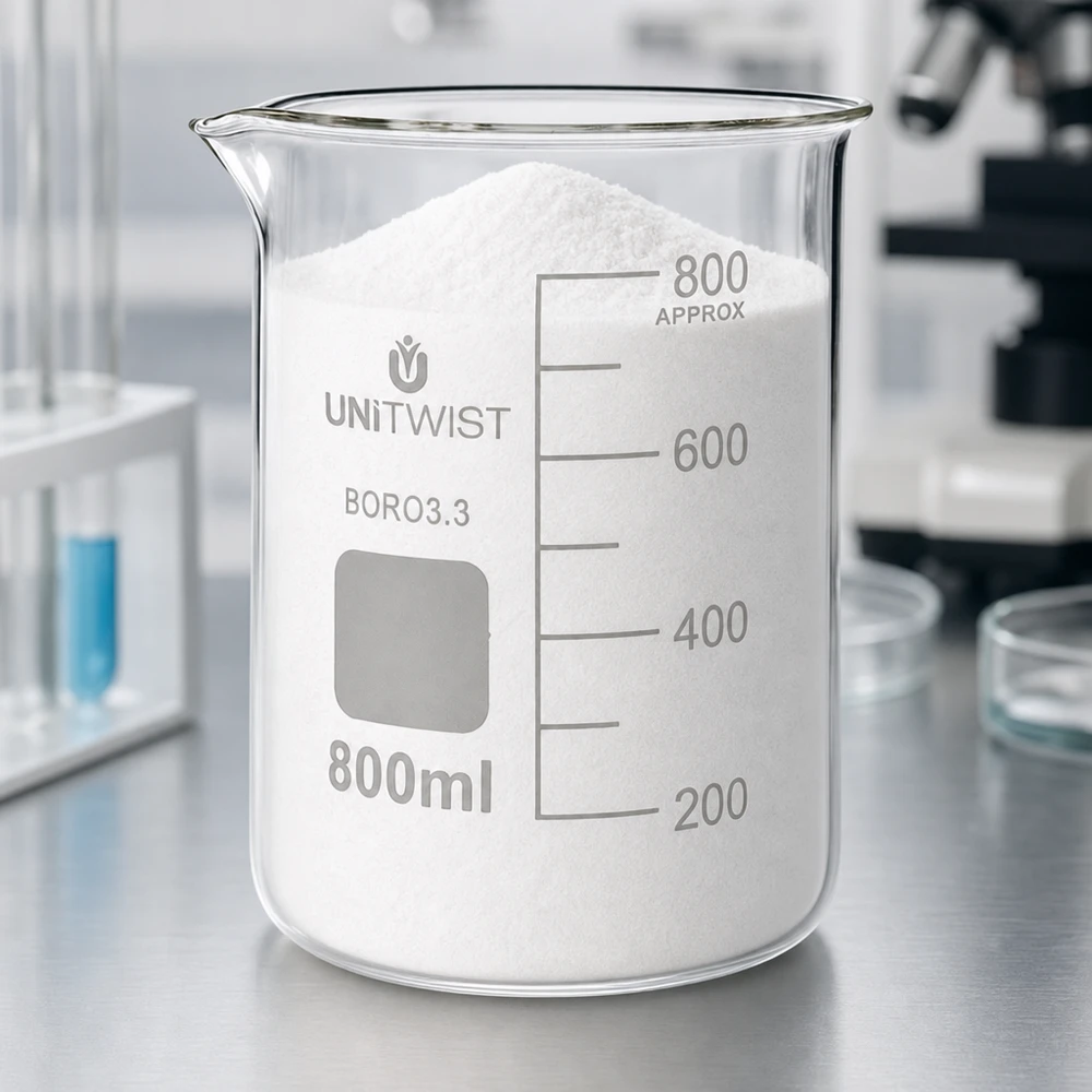 Szklanka UNiTWIST o pojemności 800 ml, wykonana z borokrzemianu, o niskim profilu, wypełniona białym proszkiem w laboratorium