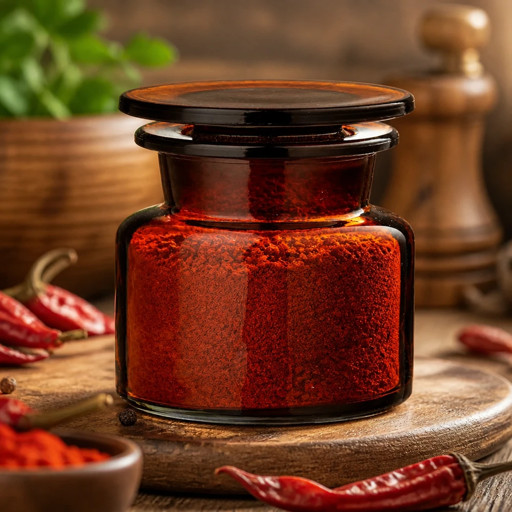 Brązowa szklana butelka o pojemności 50 ml wypełniona czerwoną papryką chili w proszku, umieszczona na drewnianej desce z suszonymi papryczkami chili