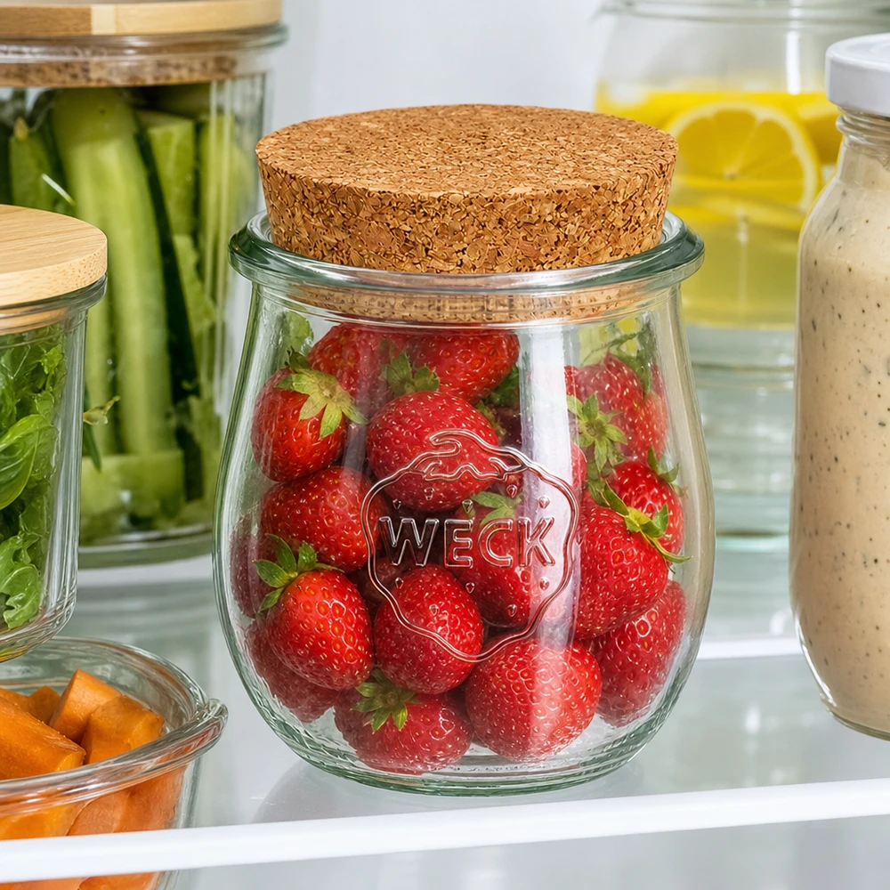 Słoik tulipan 220ml WECK RR60 z korkiem naturalny Słoik tulipan WECK 220 ml z korkową pokrywką do przechowywania świeżych truskawek w lodówce pomiędzy innymi słoikami.