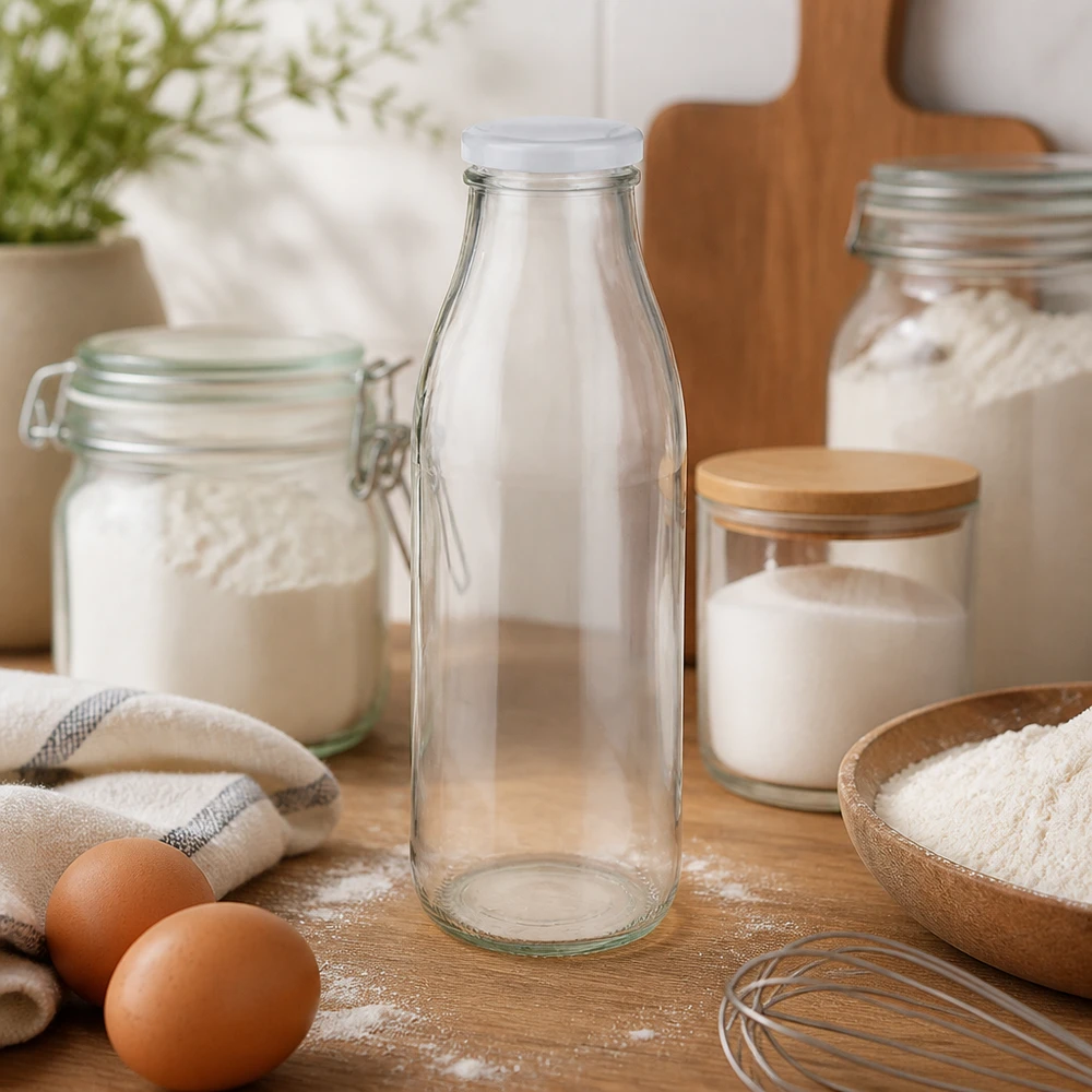 500ml szklana butelka BasicSeal biała w kuchni ze składnikami do pieczenia mąka jajka i przybory kuchenne atmosfera pieczenia