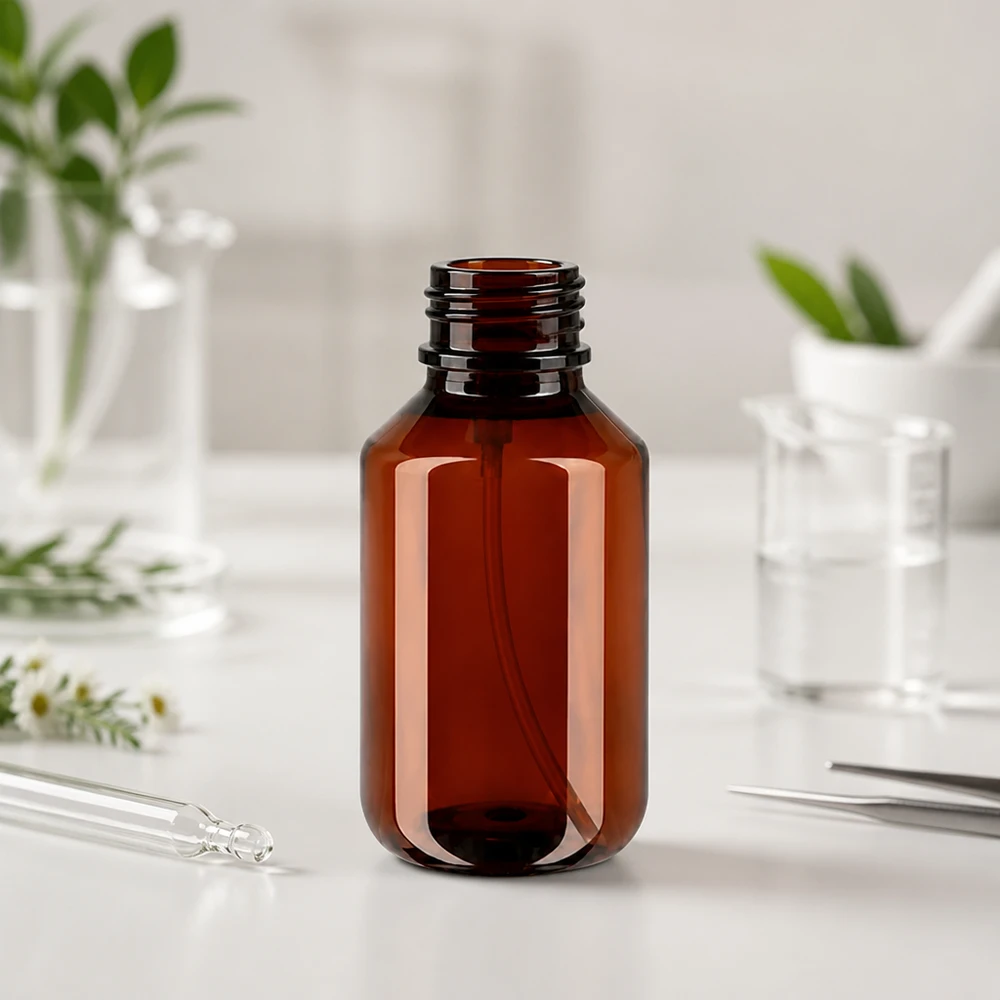 Butelka PET 100 ml z atomizerem czarna Transparente bernsteinfarbene 100ml Flasche aus PET Kunststoff leicht und bruchsicher