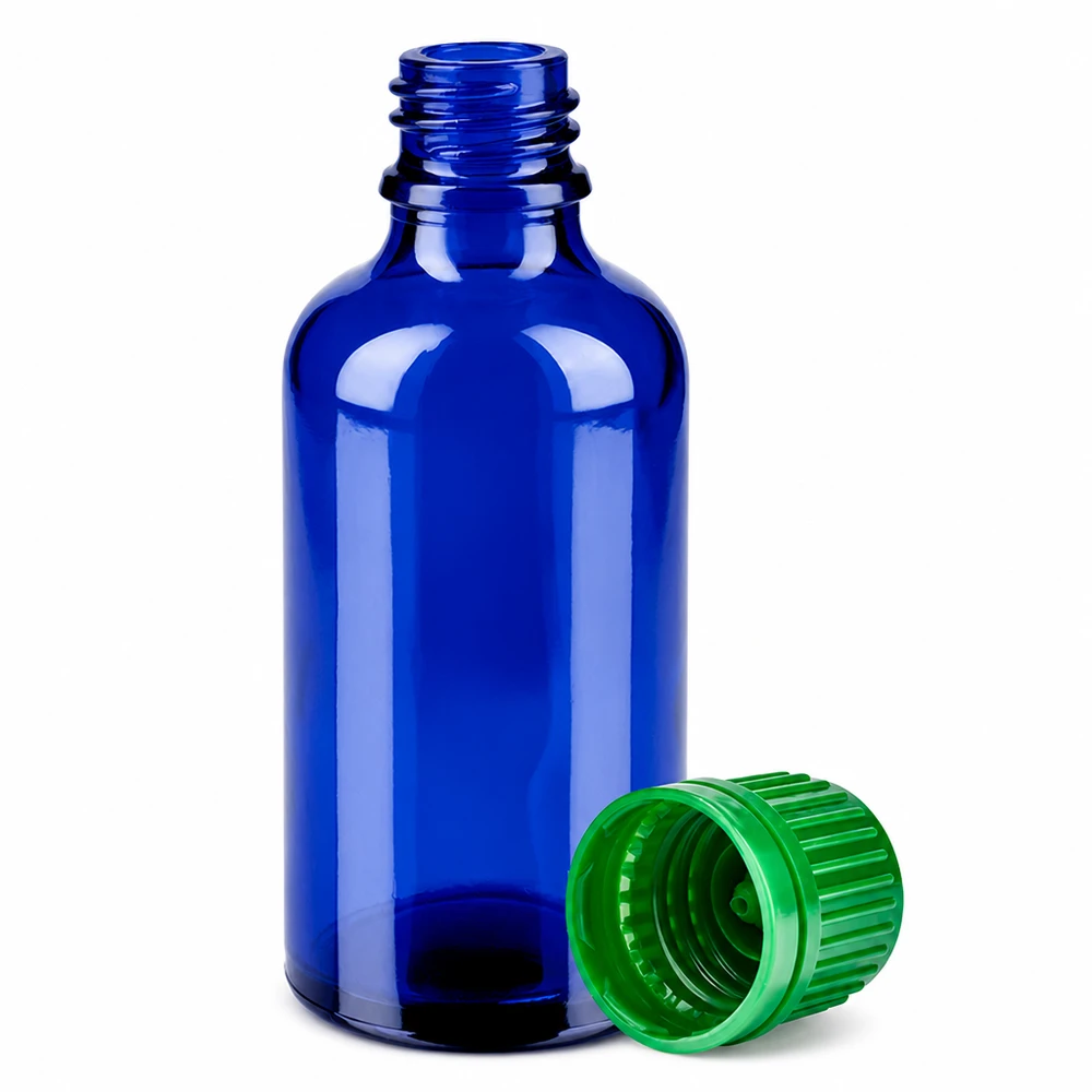 Butelka 50 ml 11 mm SV zielony OV BlueLine UT18/50 50 ml butelka z zakraplaczem wykonana z niebieskiego szkła z zieloną nakrętką do precyzyjnego dozowania