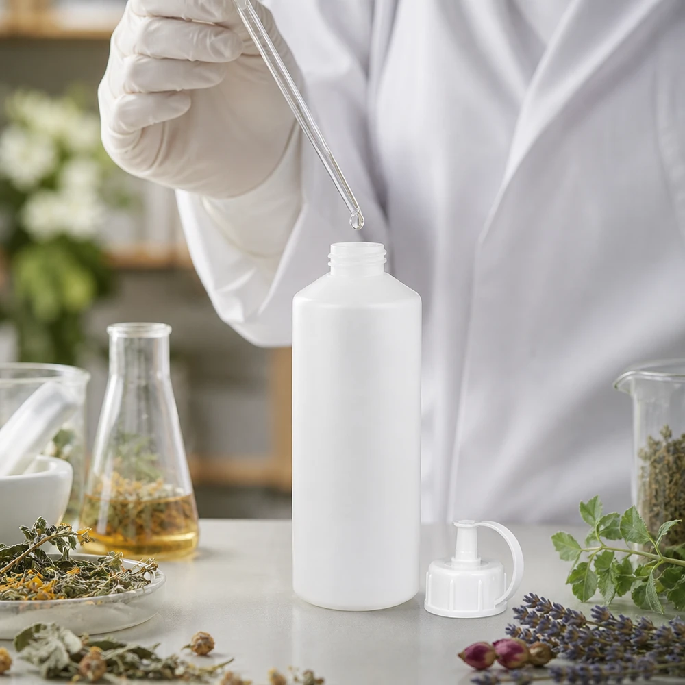 Biała butelka apteczna o pojemności 100 ml z HDPE z zakrętką z rozpylaczem obok ziół i kolb Erlenmeyera