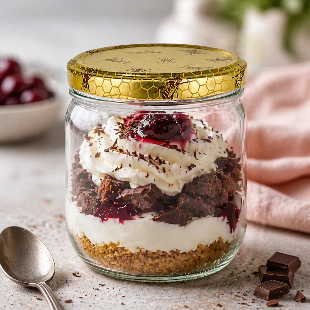 500g Honigglas mit Bienenwabe Deckel BasicSeal UNiTWIST Słoik na miód 500 g jako słoik deserowy na czekoladowo-wiśniowy trifle z kremem i złotą pokrywką o strukturze plastra miodu