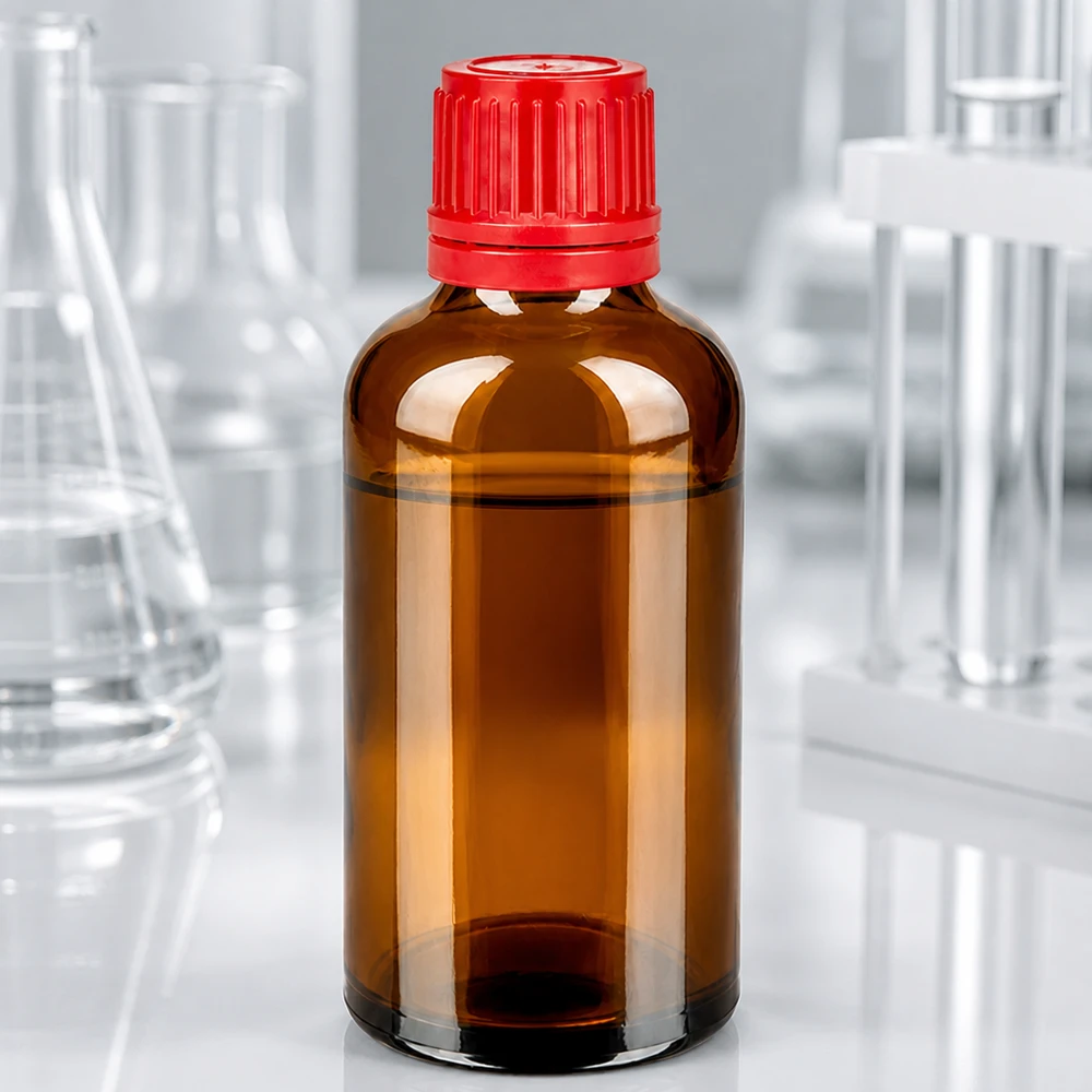 50 ml szklana butelka BrownLine z gwintem UT18 i czerwoną nakrętką z zabezpieczeniem przed manipulacją do użytku laboratoryjnego