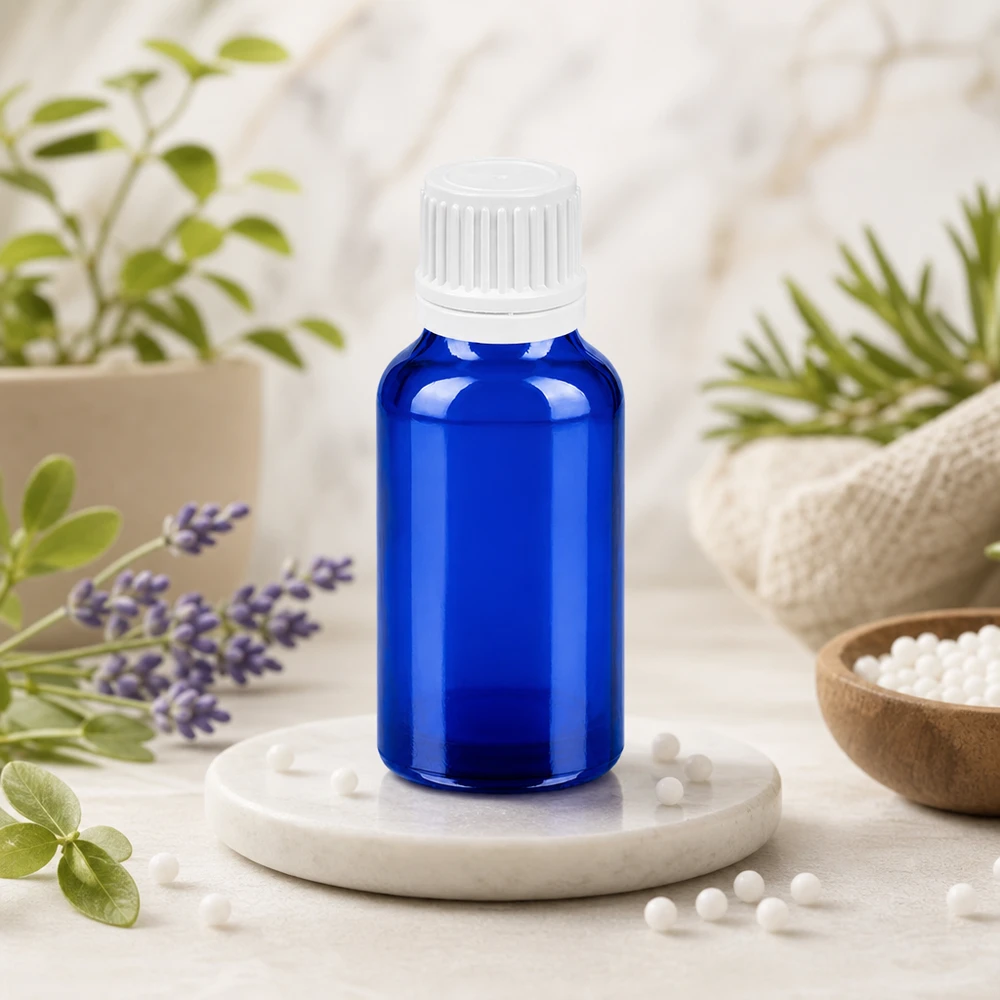 Butelka 20 ml 11 mm SV biała OV BlueLine UT18/20 Szklana butelka BlueLine 20 ml z zakrętką 11 mm do olejków eterycznych i aromaterapii