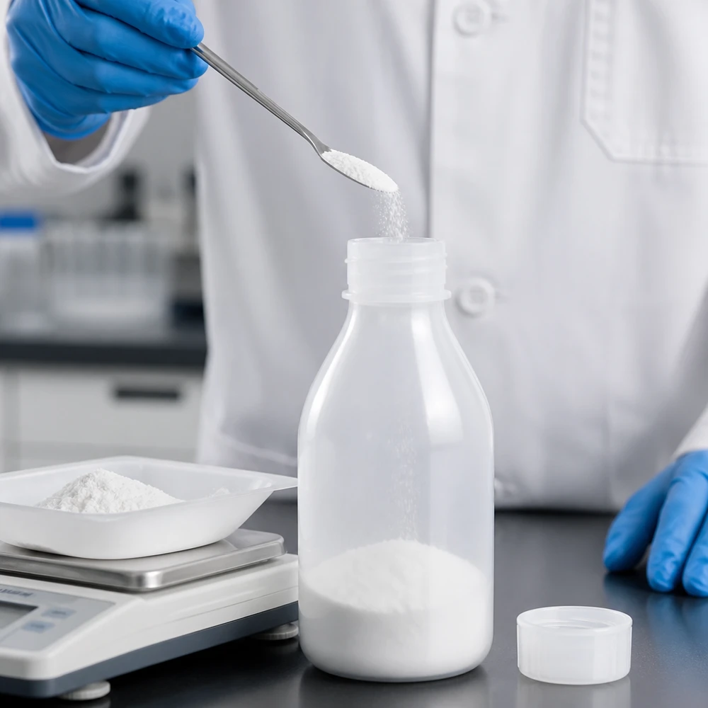 Biały proszek jest umieszczany za pomocą szpatułki laboratoryjnej w butelce z HDPE o pojemności 100 ml i wąskiej szyjce, wyposażonej w zakrętkę