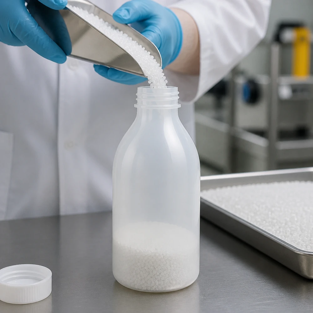 Butelka laboratoryjna o pojemności 250 ml z wąską szyjką, bez zamknięcia, podczas napełniania białym granulatem z tworzywa sztucznego