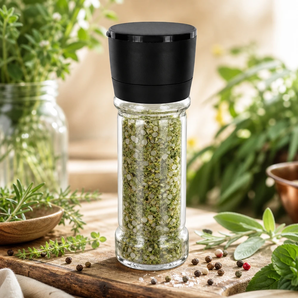 Słoik na sól/przyprawy 100 ml z młynkiem Vario, czarny Słoik na sól ziołową o pojemności 100 ml z czarnym młynkiem Vario, wypełniony zielonymi ziołami, na drewnianej desce