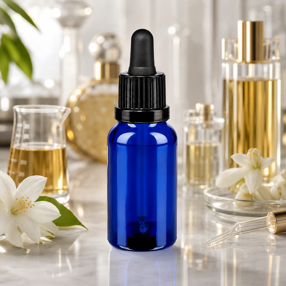 Butelka do leków płynnych 20 ml, czarna OV BlueLine UT18/20 Butelka z niebieskiego szkła o pojemności 20 ml z czarnym pipetą do precyzyjnego dozowania serum i nalewek.