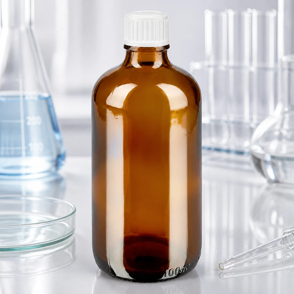 Butelka apteczna o pojemności 100 ml, z brązowego szkła, z białym zamknięciem typu STD i precyzyjnym otworem kroplowym o średnicy 0,9 mm