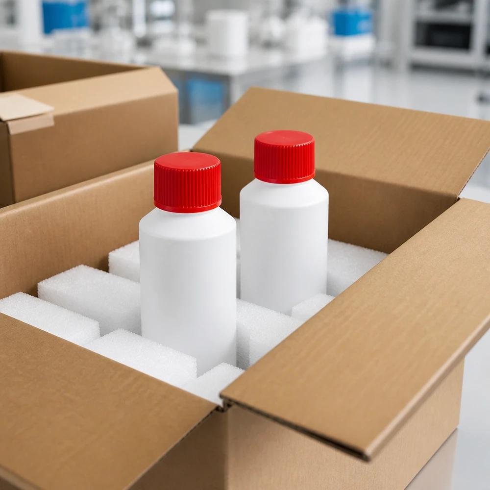 Dwie białe butelki apteczne z HDPE o pojemności 50 ml z czerwonymi zakrętkami, zapakowane w karton wysyłkowy z wkładką z pianki