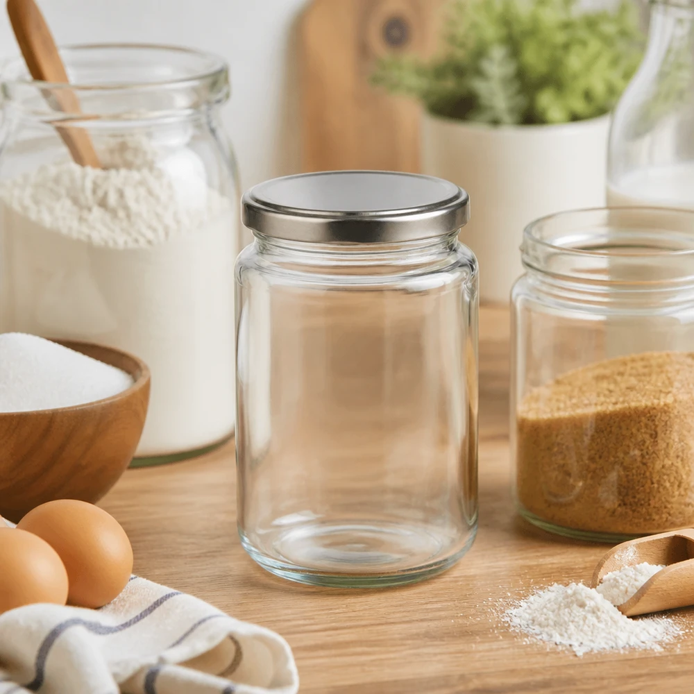 382 ml okrągły słoik z pokrywką BasicSeal srebrny pusty w scenie kuchennej ze składnikami do pieczenia mąka jajka drewniana miska słoik do przechowywania