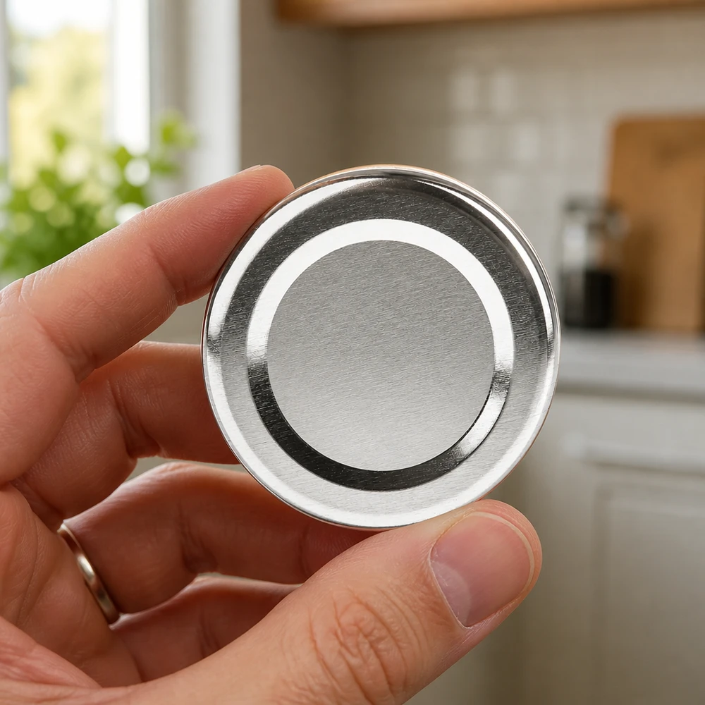 UNiTWIST TO48 Metalowa pokrywka, srebrna, 48 mm, na tle kuchni, zdjęcie zrobione z ręki