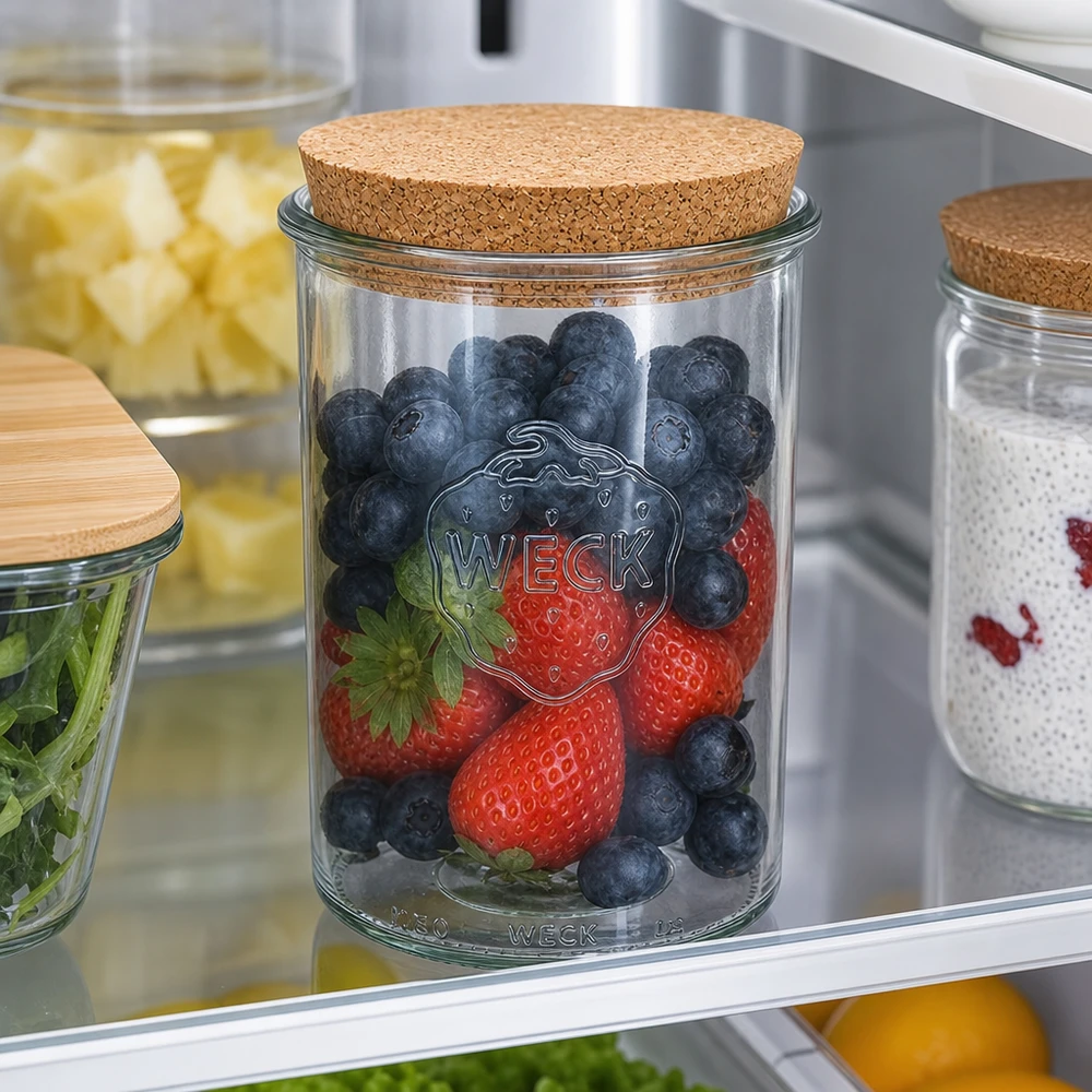 Tumbler 1000ml WECK RR100 z korkiem naturalny WECK Sturzglas 1000ml RR100 mit Korkdeckel im Kühlschrank gefüllt mit frischen Beeren stylische Aufbewahrung Vorratsglas