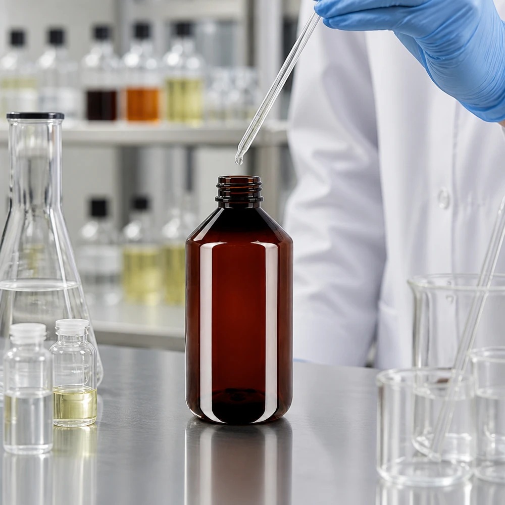 Brązowa okrągła butelka PET o pojemności 750 ml z niebieskim zamknięciem i pipetą w środowisku laboratoryjnym