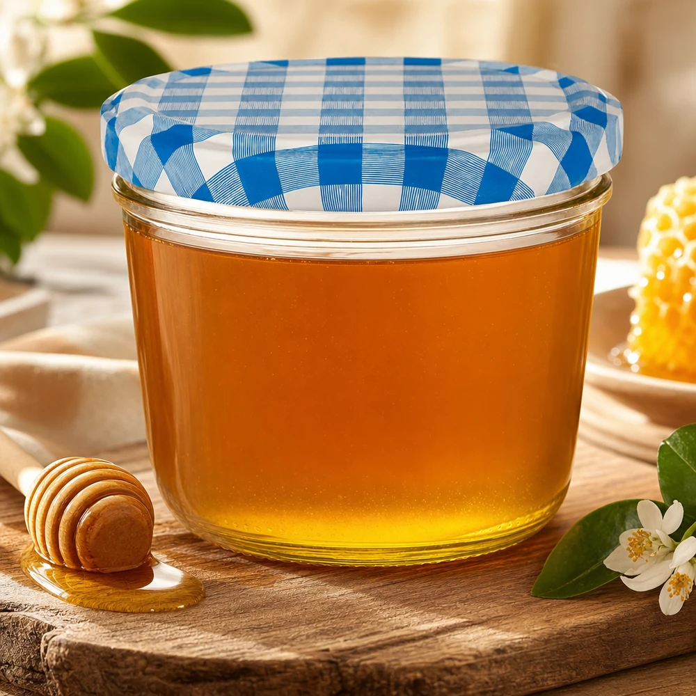 Słoik 230 ml + pokrywka BasicSeal niebieska/biała UN.. 230 ml słoik z niebiesko-białą pokrywką wypełniony miodem obok łyżki miodu i kwiatów na drewnianym stole