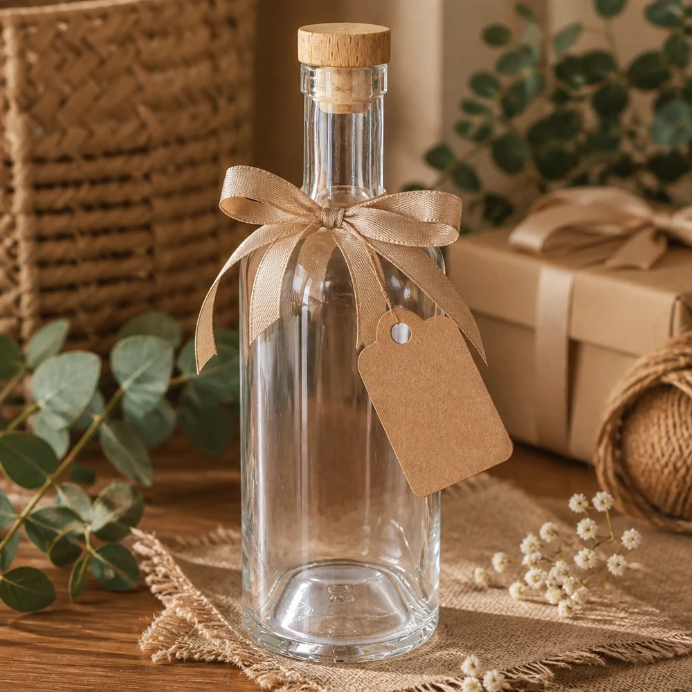 Szklana butelka Emma o pojemności 750 ml w opakowaniu prezentowym z beżową kokardą i przywieszką w naturalnej oprawie dekoracyjnej.