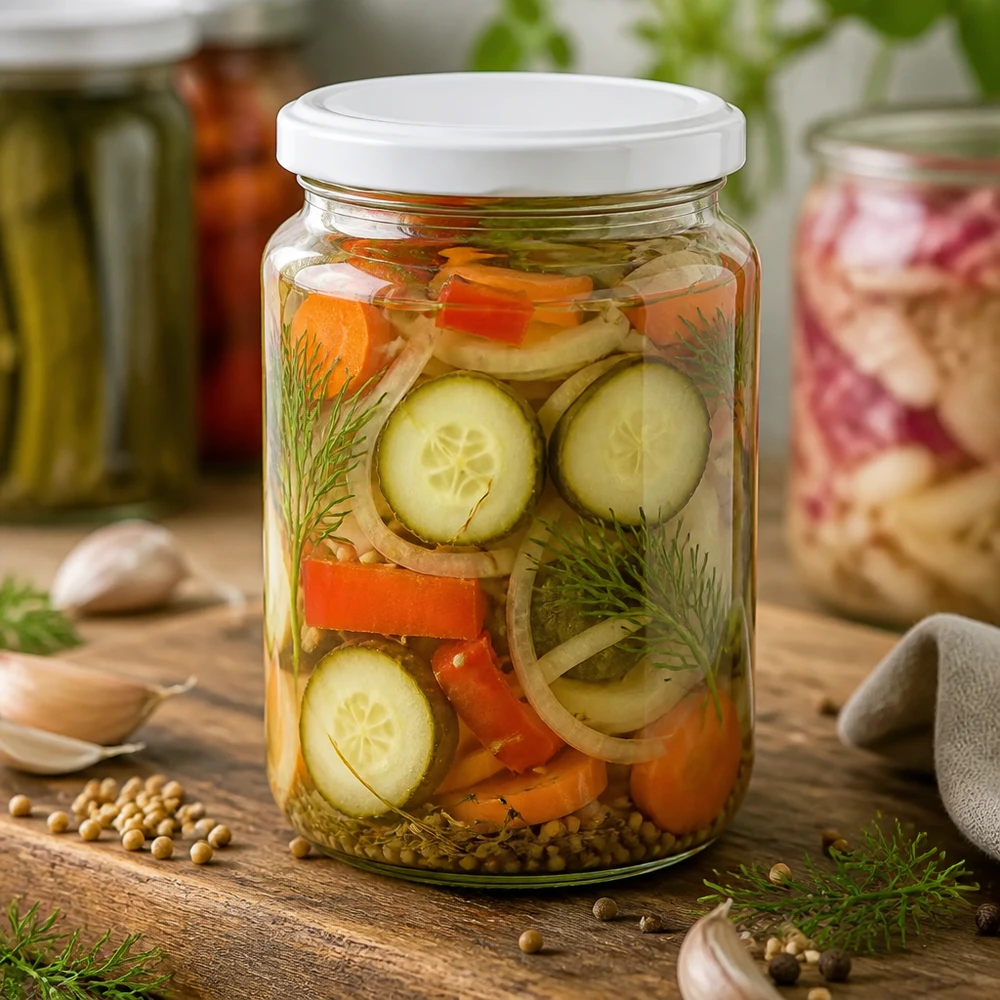 Słoik okrągły 795 ml z pokrywką BasicSeal biała UNiTWIST 795ml Rundglas gefüllt mit eingelegtem Gemüse zeigt praktische Verwendung für Konservierung und Meal Prep