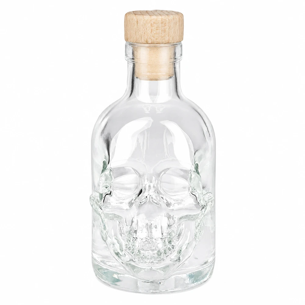 Szklana butelka Jack o pojemności 200 ml z motywem czaszki i drewnianym korkiem, pusta butelka spirytusu z zakrętką