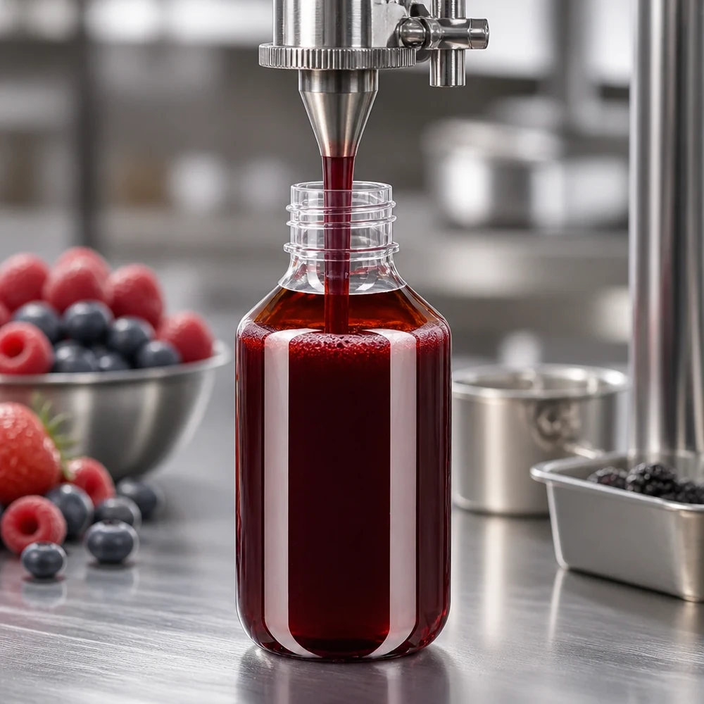 Butelka PET 500ml z białą nakrętką OV + kubek PET Flasche 500ml weiß klarer Kunststoff Abfüllmaschine rotes Fruchtkonzentrat Lebensmittelherstellung