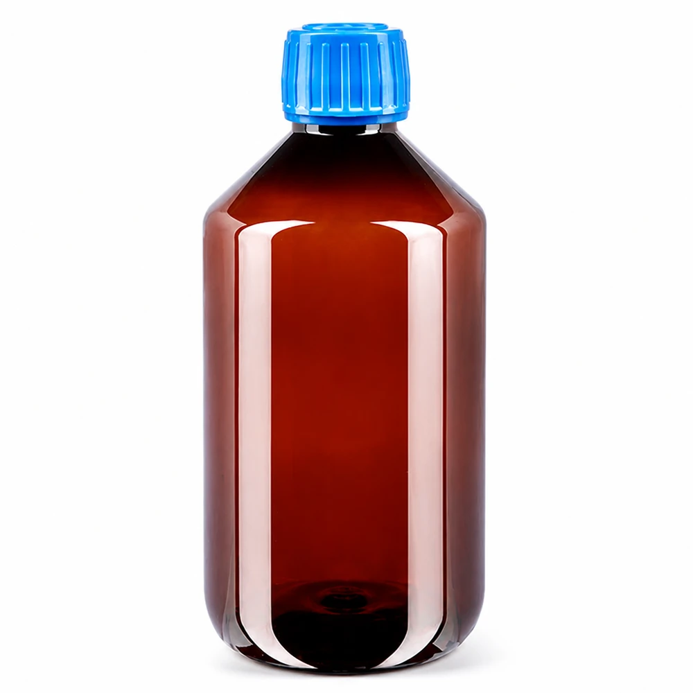 Brązowa butelka PET o pojemności 500 ml z niebieskim zamknięciem zabezpieczającym przed otwarciem, zapewniającym bezpieczne przechowywanie