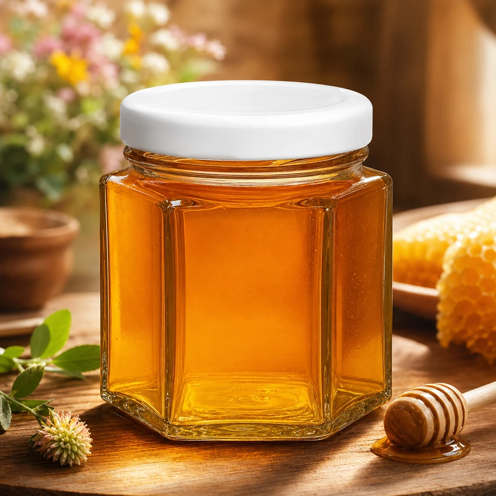 47 ml słoik hexa z pokrywką BasicSeal wypełniony miodem obok łyżki miodu i plastra miodu na drewnianym stole