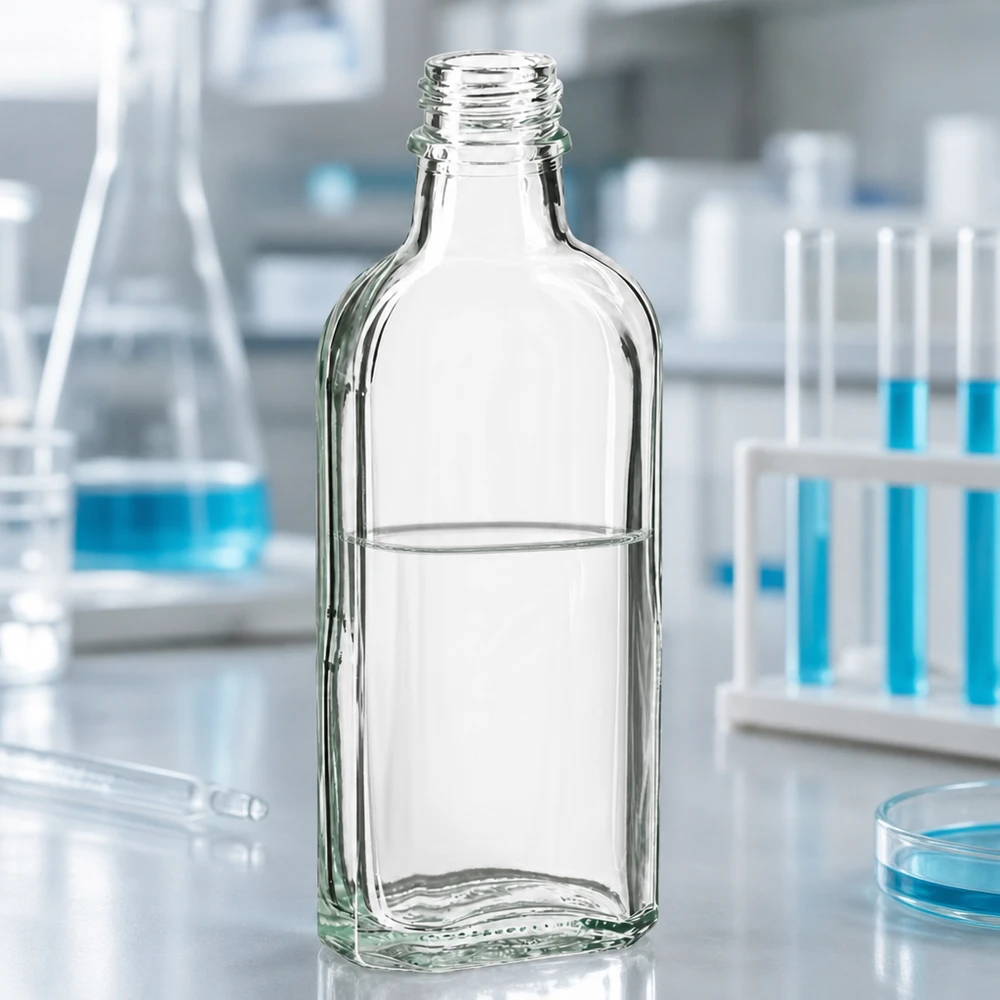 Napełniona przezroczysta butelka Meplat o pojemności 100 ml z gwintem DIN 22 na białym blacie laboratoryjnym