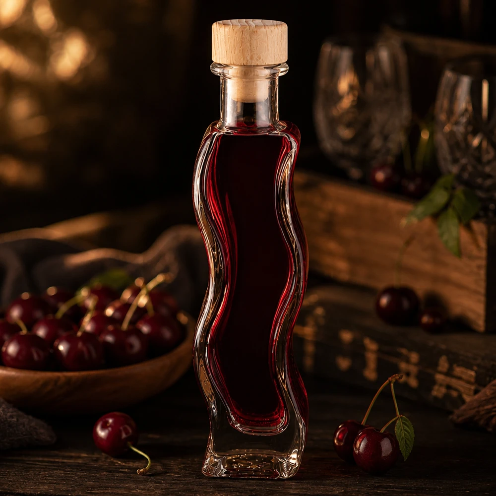 Szklana butelka Melissa 100 ml z drewnianym korkiem UNiTWIST® 100ml szklana butelka Melissa wypełniona czerwonym likierem wiśniowym drewniany korek świeże wiśnie przytulna kuchnia klimatyczna