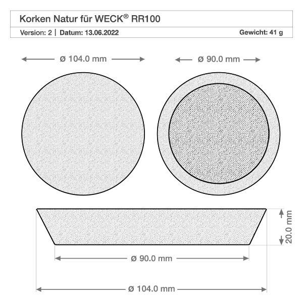1062ml słoik tulipan WECK RR100 z korkiem naturalny Rysunek techniczny korka naturalnego WECK do słoika RR100 o wymiarach średnica 104mm i 90mm wysokość 20mm