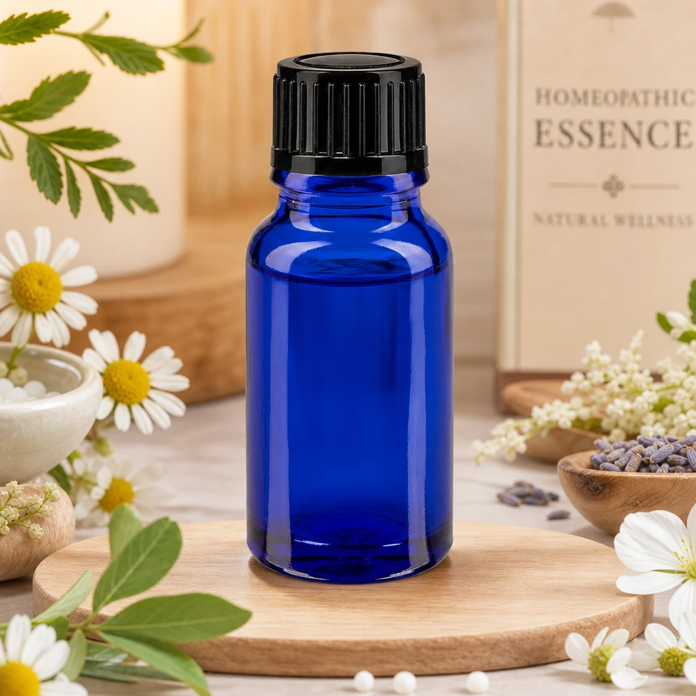 Esencje homeopatyczne – butelka 10 ml z niebieskiego szkła aptecznego z otworem do kroplowania o średnicy 1 mm