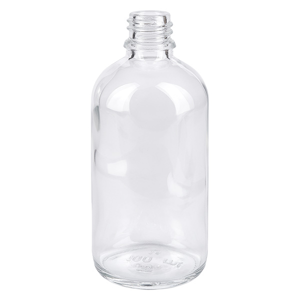 100 ml butelka ze spryskiwaczem czarna/przezroczysta STD ClearLine UT18/100 Pusta przezroczysta szklana butelka o pojemności 100 ml bez nakrętki – butelka ClearLine z zaokrąglonymi ramionami