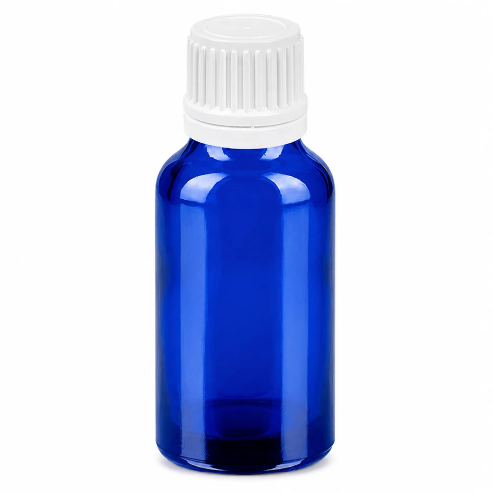 Butelka 20 ml 11 mm SV biała OV BlueLine UT18/20 Butelka z niebieskiego szkła o pojemności 20 ml z białą zakrętką do olejków eterycznych i kosmetyków