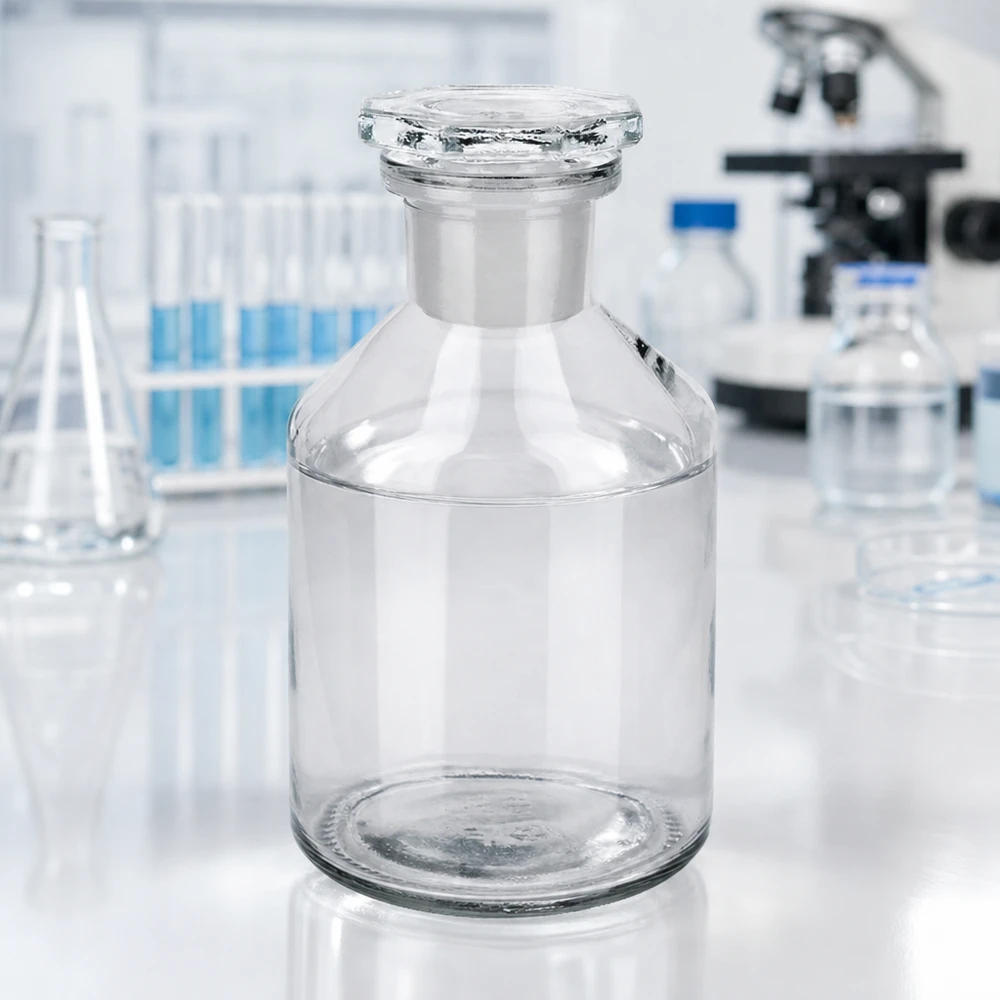 Butelka z wąską szyjką i przezroczystym korkiem o pojemności 50 ml Butelka z prostymi ściankami o pojemności 50 ml, z wąską szyjką, przezroczysta, na białym stole laboratoryjnym, z mikroskopem w tle