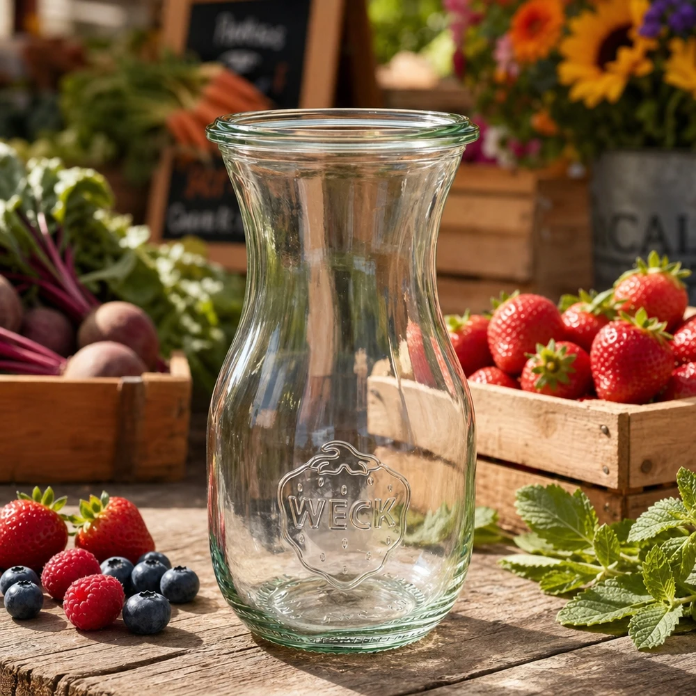 Butelka na sok WECK RR60 o pojemności 290 ml Butelka soku WECK 290ml RR60 na drewnianym stole otoczona świeżymi jagodami, truskawkami i ziołami w stylu farmerskiego targu