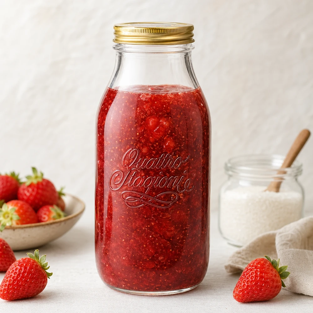 Butelka szklana 1000 ml „Quattro Stagioni” z pokrywką Szklana butelka Quattro Stagioni 1000 ml wypełniona dżemem truskawkowym, otoczona świeżymi truskawkami i mlecznym szkłem