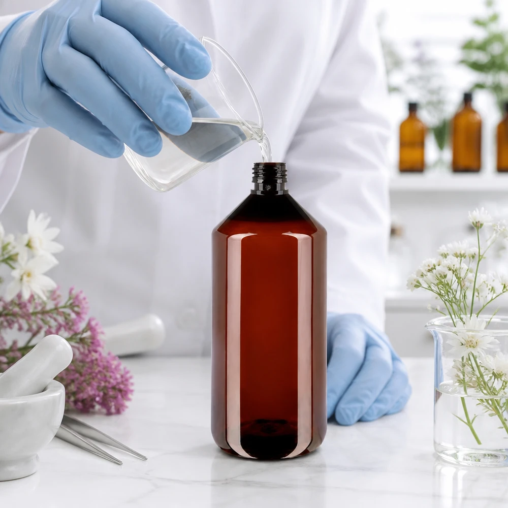 Brązowa butelka PET z szeroką szyjką, 1000 ml, PP28 – butelka apteczna do kosmetyków i zastosowań laboratoryjnych