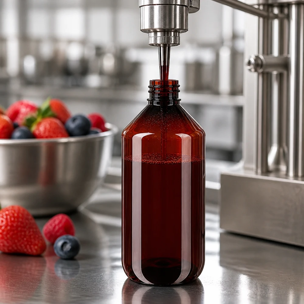 Butelka PET 500ml z nakrętką odgazowującą czerwona Napełnianie brązowej butelki PET o pojemności 500 ml z czerwonym korkiem odgazowującym na linii rozlewniczej