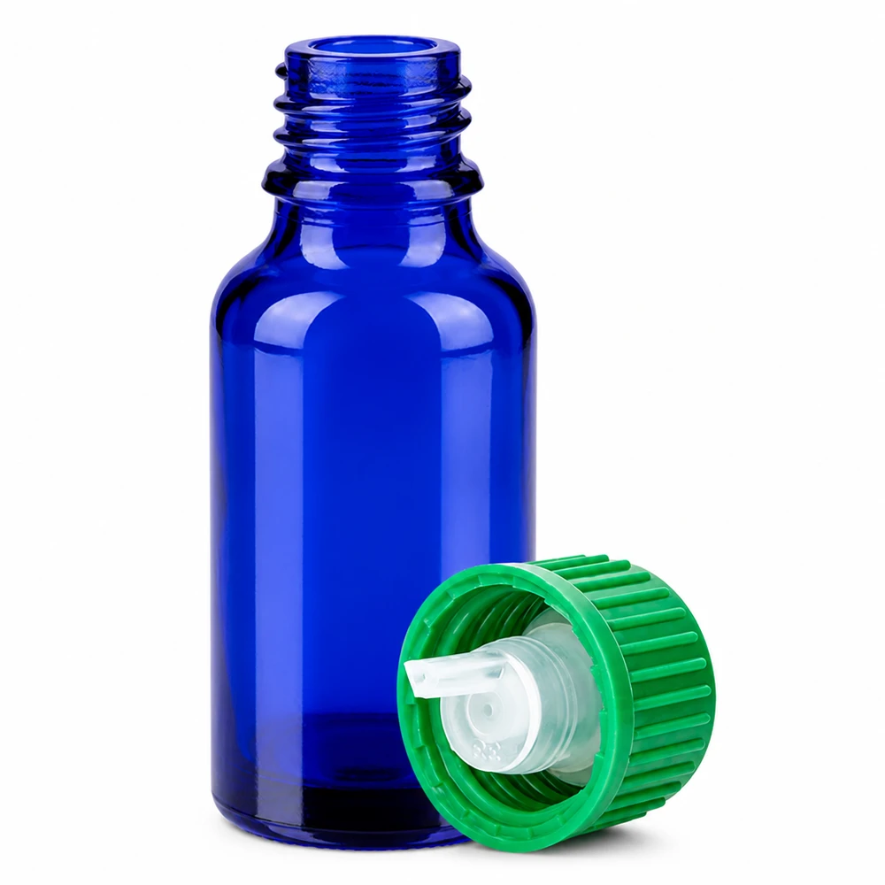 Butelka z zakraplaczem 20 ml wykonana z niebieskiego szkła z otworem 0,8 mm do precyzyjnego dozowania kropli STD BlueLine UT18/20