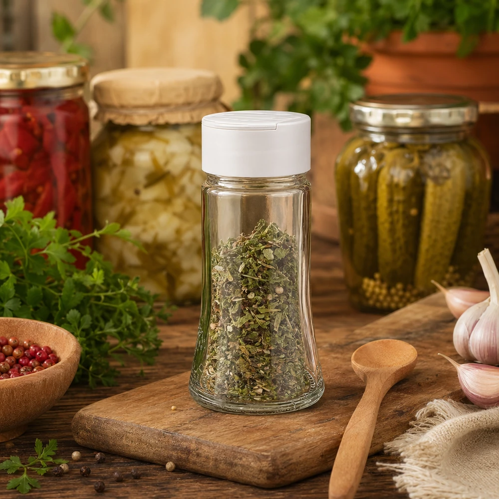 Słoik na sól/przyprawy 95 ml z podwójnym dozownikiem, biały Słoik na przyprawy o pojemności 95 ml z białą podwójną solniczką, stojący na drewnianej desce pomiędzy słoikami do wekowania a świeżymi ziołami