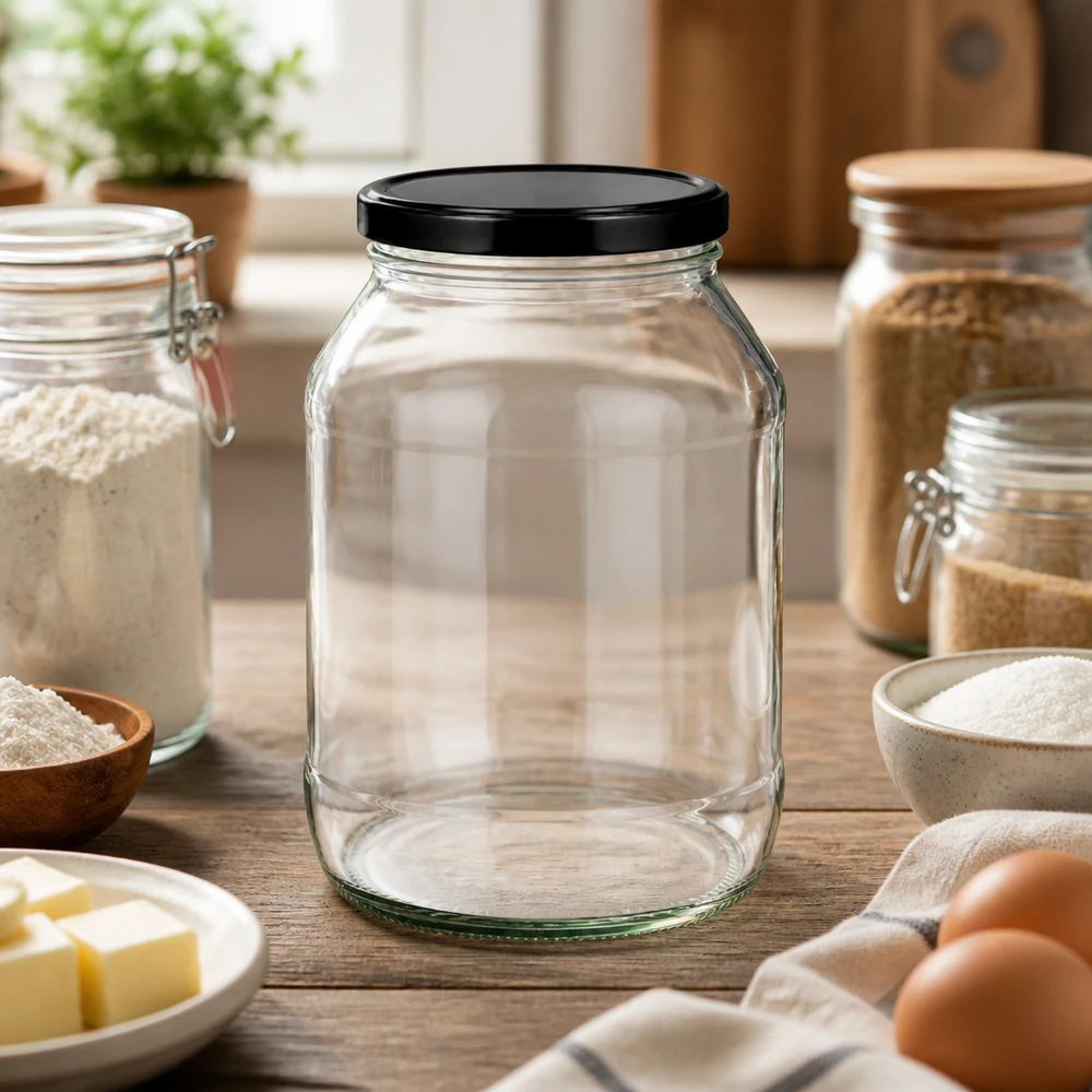 Słoik okrągły 2650 ml z pokrywką BasicSeal czarną UN.. Okrągły słoik o pojemności 2650 ml z czarną pokrywką BasicSeal w środowisku kuchennym między słoikami do przechowywania a składnikami do pieczenia